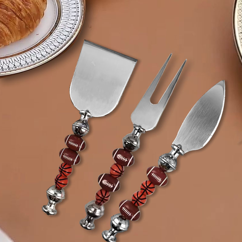 S.S. Cutlery tableware set-cheese spreader knife, fork, shovel, with DIY football basketball beads b