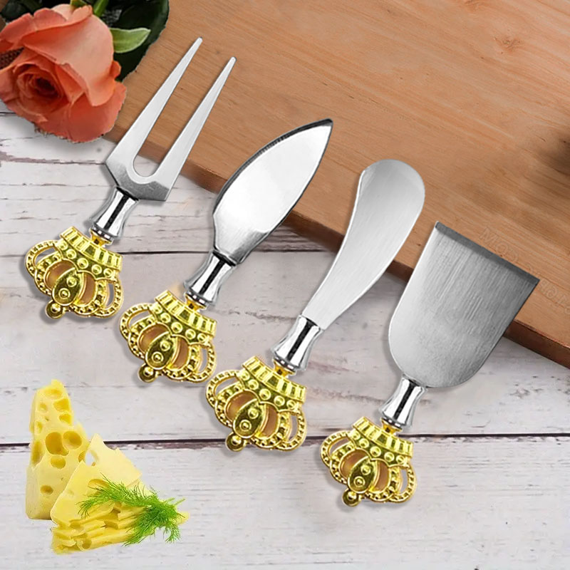 3/4pcs/set Cheese Knife Set, Stainless Steel Cheese Slicer Cutter Spreader Fork, Crown decorated but