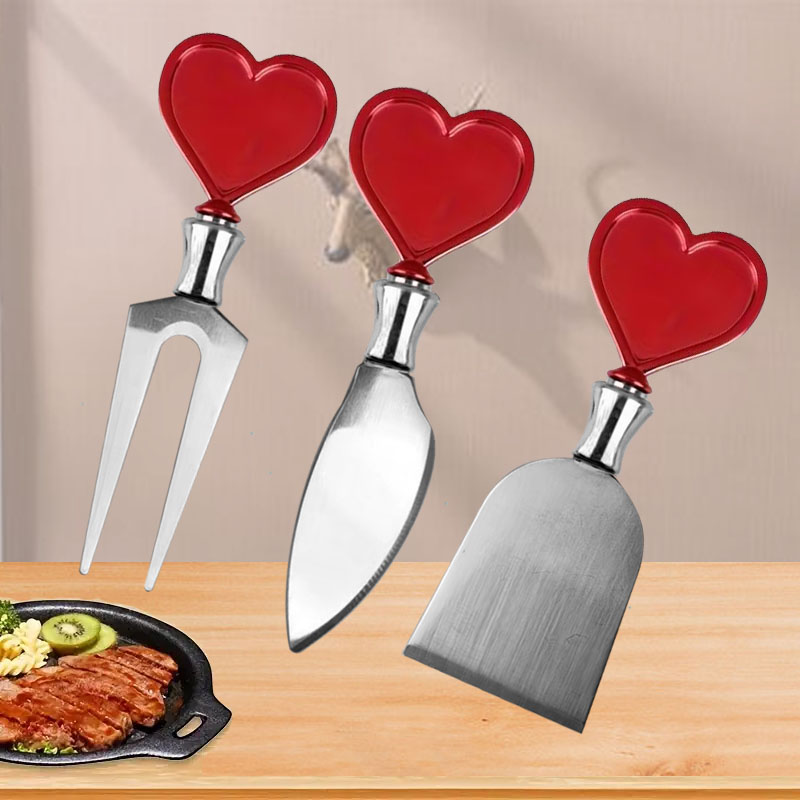 3 pcs/set Cheese Knives(Fork, cheese knife, shovel) With heart shape Handle, silvery Durable Stainle